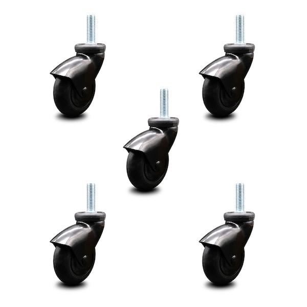 3 Inch Black Hooded Neoprene Rubber 3/8 Inch Threaded Stem Casters SCC, 5PK